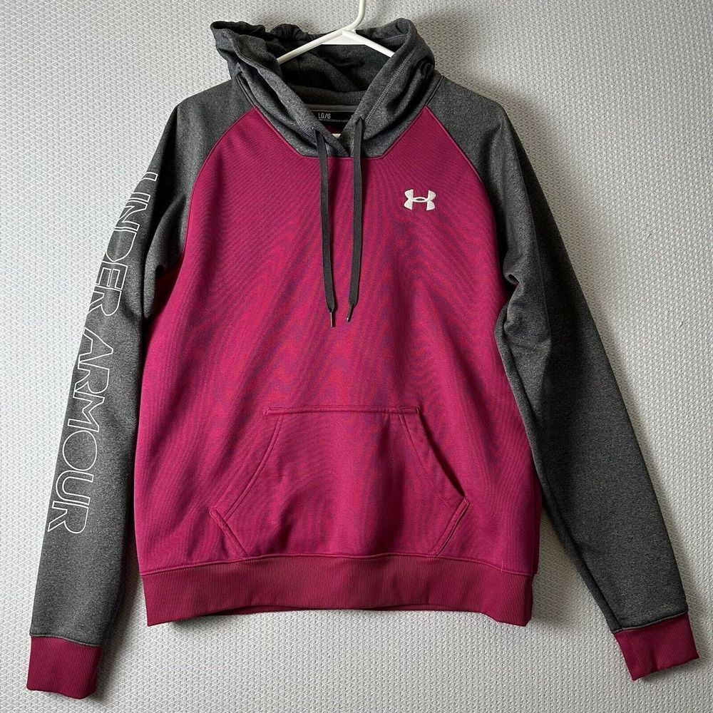 Under‎ Armour Sweatshirt Hoodie Women's Large Pocket Graphic Logo Pink & Gray
